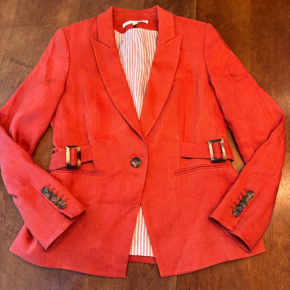 Veronica Beard Blazer Womens 10 Coral Orange Linen Buckle Tab 1902LN0011539